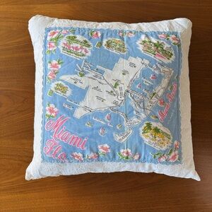 Vintage Miami Florida Handkerchief Pillow Shabby Chic Retro Tropical Decor